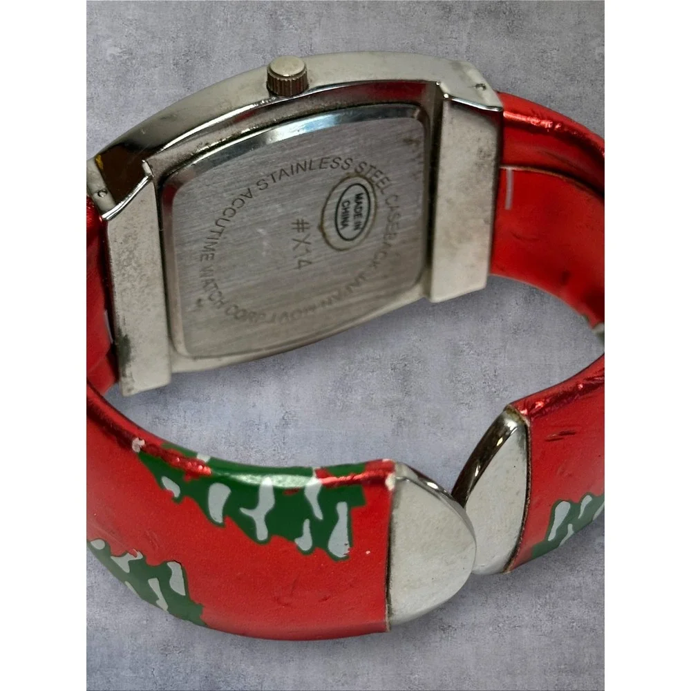 Accutime Christmas Tree Cuff Watch Womens Red Silver Fair Holiday Novelty